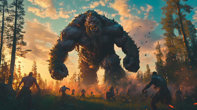 Against the background of dawn, a giant troll and people are fighting in a forest clearing. his body is covered with tattoos and scars. epic fantasy battle. Giant Troll. Illustration