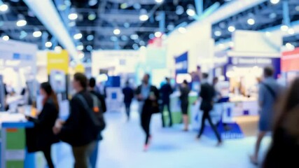 Blurred motion of people walking through a vibrant trade show or business exhibition, representing networking and professional gatherings.
