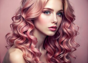 Naklejka premium Captivating Portrait of a Girl with Pink Wavy Hair Against a Soft Pink Background for Fashion, Beauty, and Lifestyle Photography