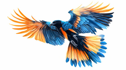 Obraz premium Amazing thunderbird in flight with blue and orange feathers, black head, and black beak. Thunderbird Soaring. Illustration