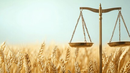 Symbolizing justice and abundance a scales of justice set against a backdrop of golden wheat fields representing balance in agriculture and law