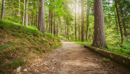 Fototapeta premium a path in a beautiful forest with large trees on either side