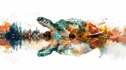 Generative AI A turtle is swimming in a lake with trees in the background.