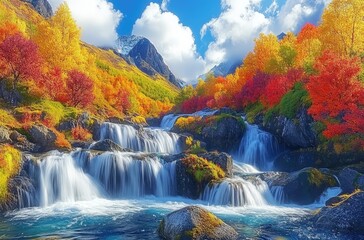 the beautiful nature in Norway, featuring mountains and waterfalls, autumn colors, a rocky stream flowing over rocks into an wide open river with blue sky