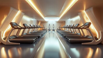 A modern gym interior with rows of treadmills illuminated by warm lighting.