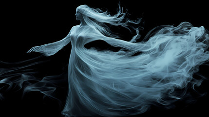 An exquisite, ghostly apparition of a woman crafted from swirling smoke against a stark black background. Ghostly Apparition. Illustration
