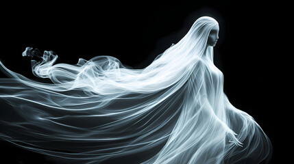 An exquisite, ghostly apparition of a woman crafted from swirling smoke against a stark black background. Ghostly Apparition. Illustration