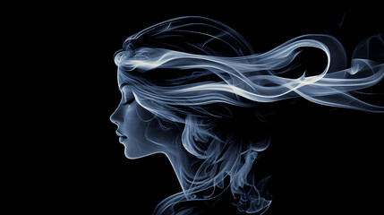 An exquisite, ghostly apparition of a woman crafted from swirling smoke against a stark black background. Ghostly Apparition. Illustration