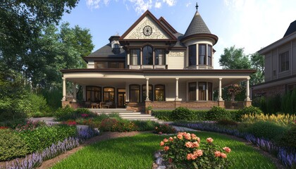 Obraz premium Ornate gables and a lush rose garden fronting a Victorian-inspired suburban house.