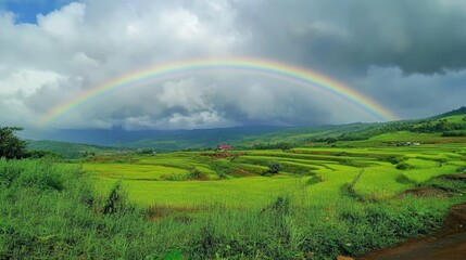 Obraz premium Vibrant Rainbow Over Scenic Paddy Fields