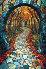 Fototapeta premium A serene path through an enchanted autumn forest framed by a vibrant mosaic archway of colorful leaves and stones
