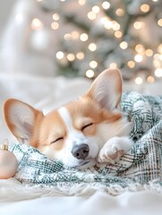 Cozy Corgi Napping Under Christmas Tree Skirt in Festive Tartan Textile