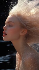 Obraz premium A serene moment of a woman with flowing hair, surrounded by sparkling water droplets at sunset