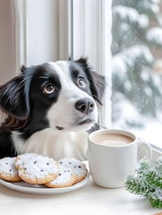 Curious Border Collie Peering at Freshly Baked Christmas Cookies and Hot Cocoa on Snowy Winter Windowsill