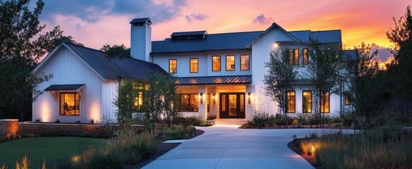 Modern farmhouse-style home exterior with white vertical shutters and black windows, black roof, large front porch, sunset lighting.