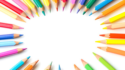 Fototapeta premium A speech bubble with colorful pencils and stationery objects on its border