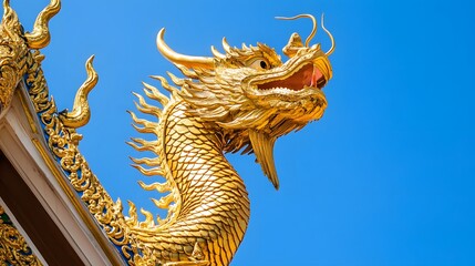 Fototapeta premium Golden dragon statue on temple rooftop with bright blue sky above