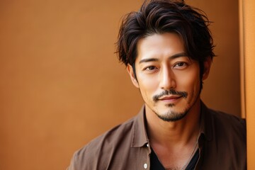 Obraz premium 日本の俳優が落ち着いた表情でカメラを見つめているシンプルなポートレート