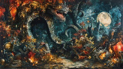 A painting of a large snake with a glowing head and a moon in the background. Generative AI