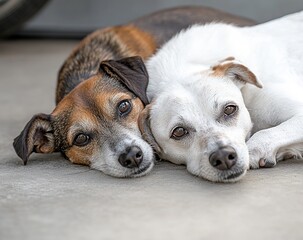 Two dogs lying on the ground and looking at the camera. Close-up.