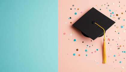 Graduation cap with a yellow tassel on a pink background with colorful confetti, representing achievement and celebration.