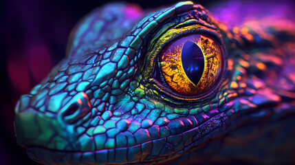 Fototapeta premium Basilisks deadly reptilian creatures whose gaze can turn victims to stone, fantasy creature, futuristic background. Basilisk Gaze. Illustration