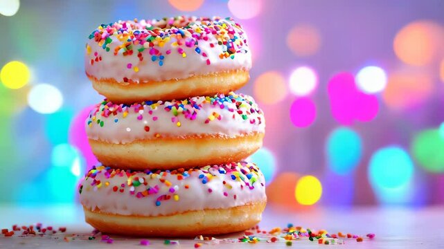 Three stacked donuts covered in white icing and colorful sprinkles, set against a vibrant bokeh background for a festive look.
