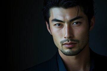 Fototapeta premium カメラ目線の男性が暗い背景で真剣な表情を見せる瞬間のポートレート