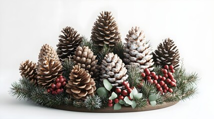Fototapeta premium Christmas Centerpiece with Pine Cones Berries and Evergreen Branches