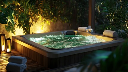 Serene hot tub surrounded by lush greenery and soft lighting, creating a peaceful retreat for relaxation.