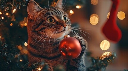 Curious Cat Playing with Christmas Ornament