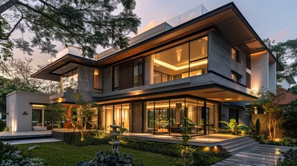Fototapeta premium Modern Luxury Home with Glass Walls and Evening Lighting