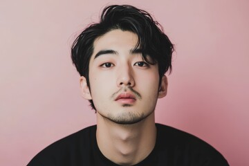 Fototapeta premium ピンクの背景でポーズをとる男性の肖像写真、シンプルで洗練された雰囲気を持つ