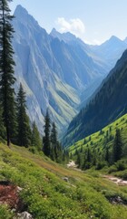 Obraz premium mountains with a valley in the foreground and a few trees in the foreground