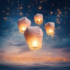Crowd releasing paper lanterns into the night sky, glowing and festive