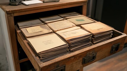 Vintage handwritten notes stacked neatly in a wooden drawer.