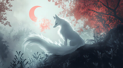 Ethereal nine-tailed fox, revered in japanese mythology, sits contemplatively amidst misty moonlit forest, its wispy. Shape-shifting Kitsune. Illustration