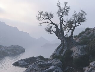 Obraz premium Majestic twisted tree by the serene lake at dawn in a misty mountain landscape