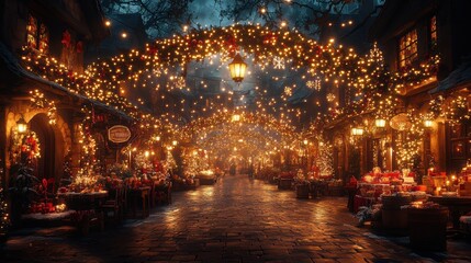 A street is lit up with Christmas lights and decorations. Generative AI