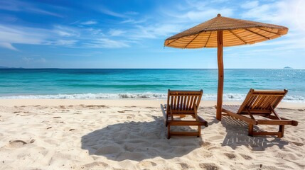 Obraz premium Two wooden lounge chairs and parasol umbrellas rest on a quiet sunny beach with clear blue water and a vibrant sky above. Generative AI