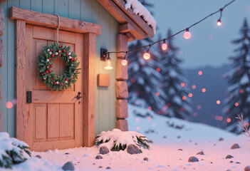 Christmas mistletoe on the door of the house in winter morning