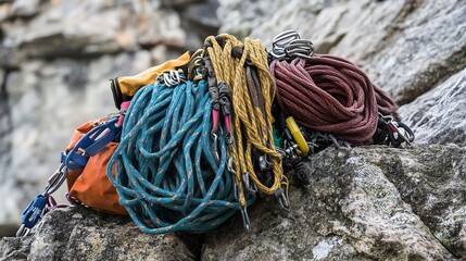 A colorful assortment of climbing ropes and gear resting on rocky terrain.