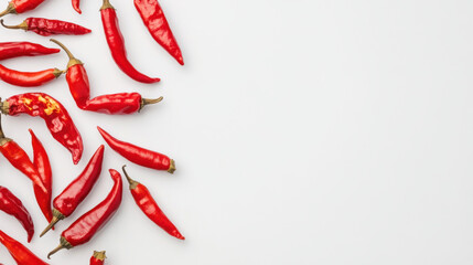 Obraz premium Spicy red chili peppers scattered on light background. Perfect for adding heat to dishes or for culinary decoration.