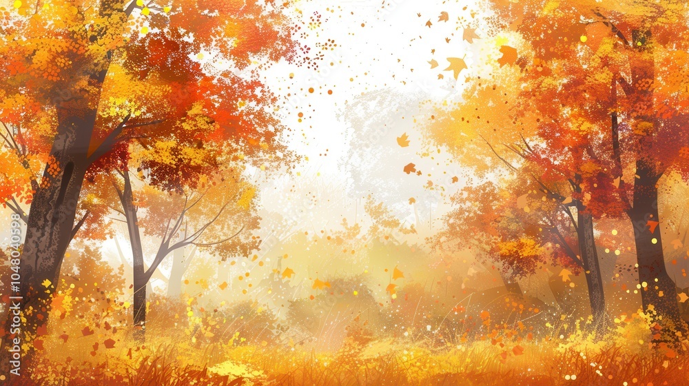 Poster stroll through a serene autumn forest filled with trees showcasing bright orange and yellow leaves u