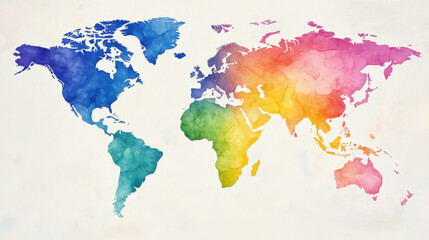 vibrant watercolor world map showcasing blend of colors, including blue, green, yellow, and pink, representing different continents and regions. Perfect for educational or decorative purposes.