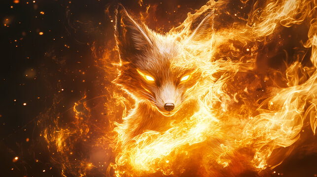 Ethereal nine-tailed foxfire beast wreathed in mystical flames and chiaroscuro lighting. Nine-Tailed Fox. Illustration