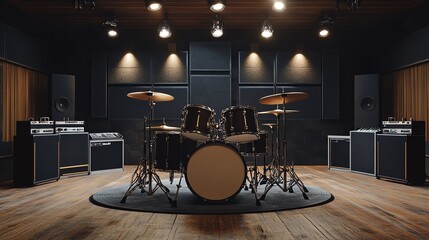 A modern drum set in a stylish recording studio with speakers and warm wooden floors.