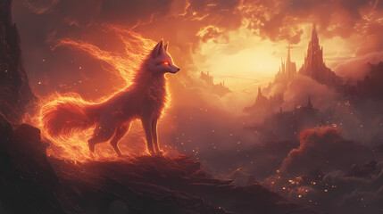 Ethereal transformation: kitsune shifting from fox to human in dramatic landscape with glowing aura. Shape-shifting Kitsune. Illustration