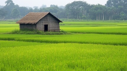 Obraz premium Traditional Rice Mill Surrounded by Lush Paddy Fields