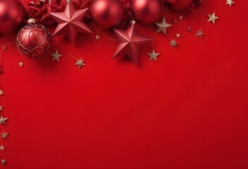Red Christmas ornaments and stars on a red background.